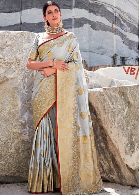 Pearl River Grey Woven Designer Silk Saree with Butti overall Clothsvilla Main image