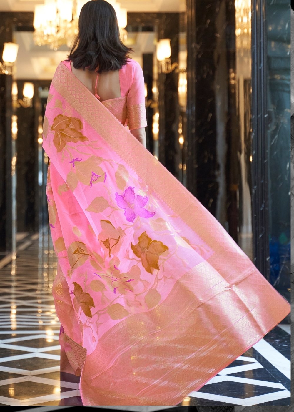 Vivid Pink Zari Woven Linen Silk Saree Secondary image