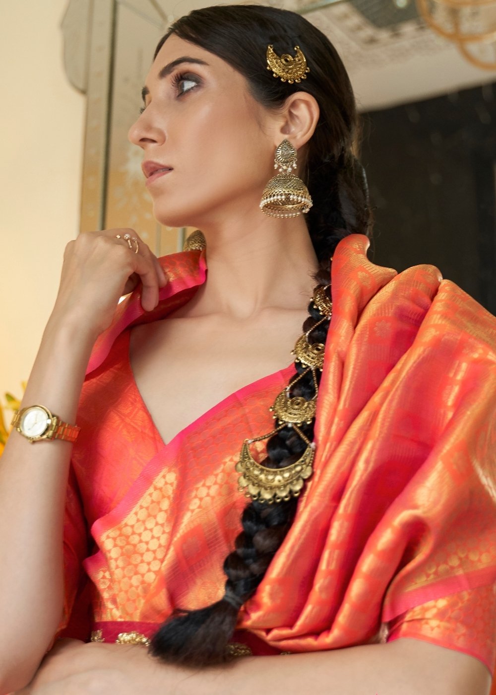 Persimmon Orange Zari Woven Kanjivaram Silk Saree with Tassels on Pallu Clothsvilla