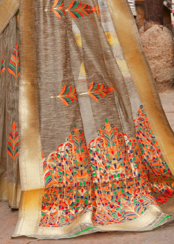 Cedar Brown Linen Silk Saree with Colorful Weaving work Clothsvilla