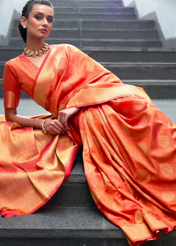 Coral Orange Woven Banarasi Silk Saree with overall Butti Clothsvilla