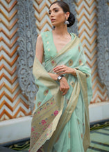 Load image into Gallery viewer, Emerald Green Woven Linen Silk Saree Clothsvilla