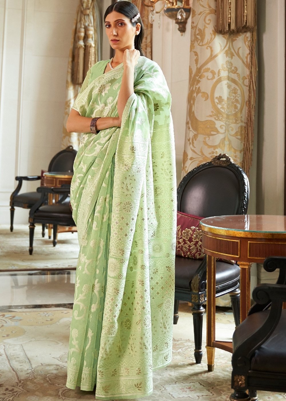 Emerald Green Lucknowi  Chikankari Weaving Silk Saree Clothsvilla Main image