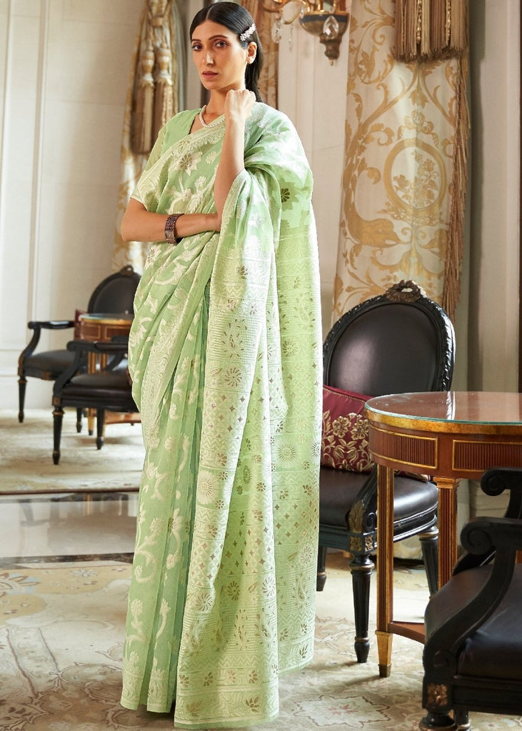 Emerald Green Lucknowi  Chikankari Weaving Silk Saree Clothsvilla