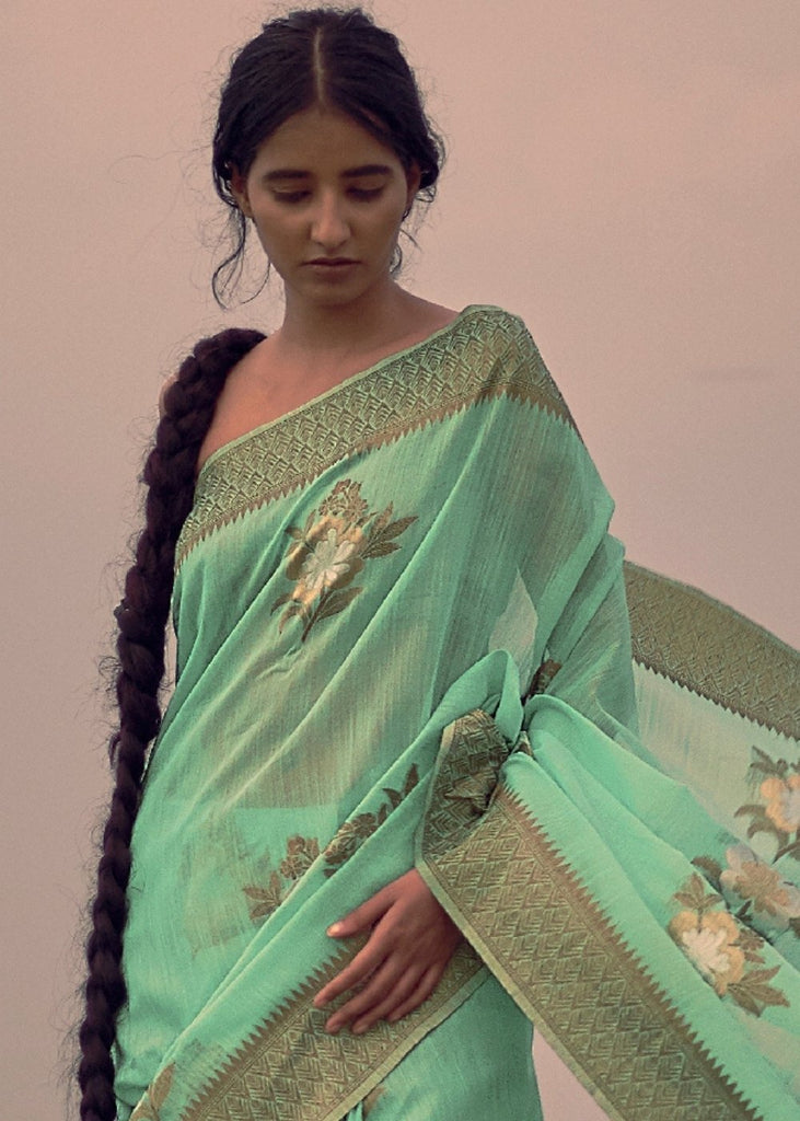 Mint Green Woven Linen Silk Saree with Floral Motif on Pallu and Border Clothsvilla