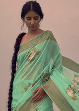 Load image into Gallery viewer, Mint Green Woven Linen Silk Saree with Floral Motif on Pallu and Border Clothsvilla