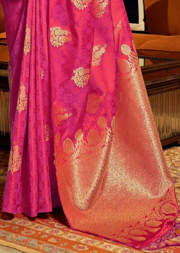 Hot Pink Satin Woven Silk Saree with overall Golden Buti Clothsvilla