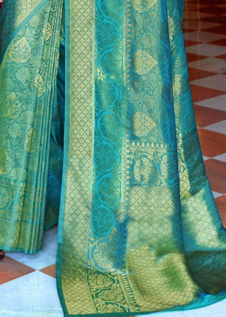 Turquoise Blue and Golden Blend Woven Kanjivaram Soft Silk Saree Clothsvilla
