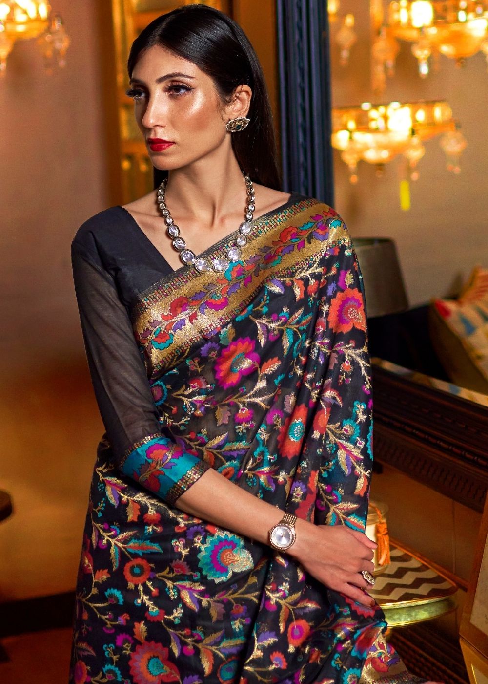 Pebble Black Banarasi Jamawar Woven Silk Saree : Top Pick Clothsvilla