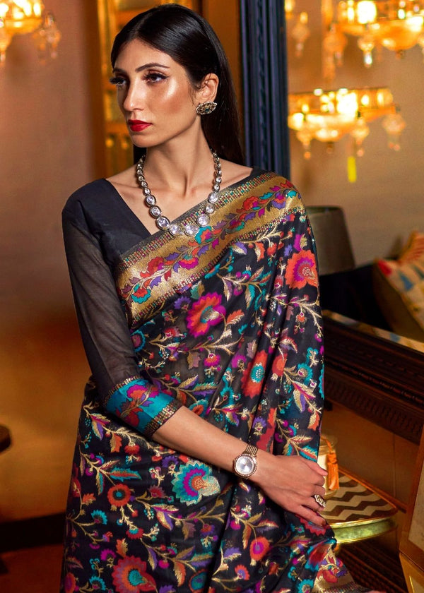 Pebble Black Banarasi Jamawar Woven Silk Saree : Top Pick Clothsvilla