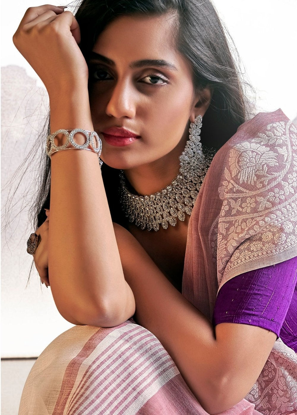 Light Lilac Purple Soft Linen Silk Saree with Lucknowi work and Sequence Blouse Secondary image