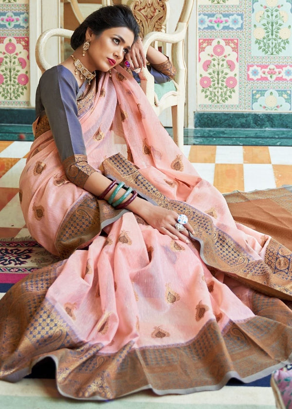 Blush Pink Woven Linen Silk Saree with Butti overall Clothsvilla