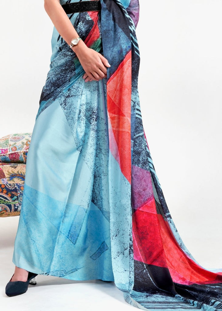 Sky Blue Digital Printed Satin Crepe Saree Clothsvilla