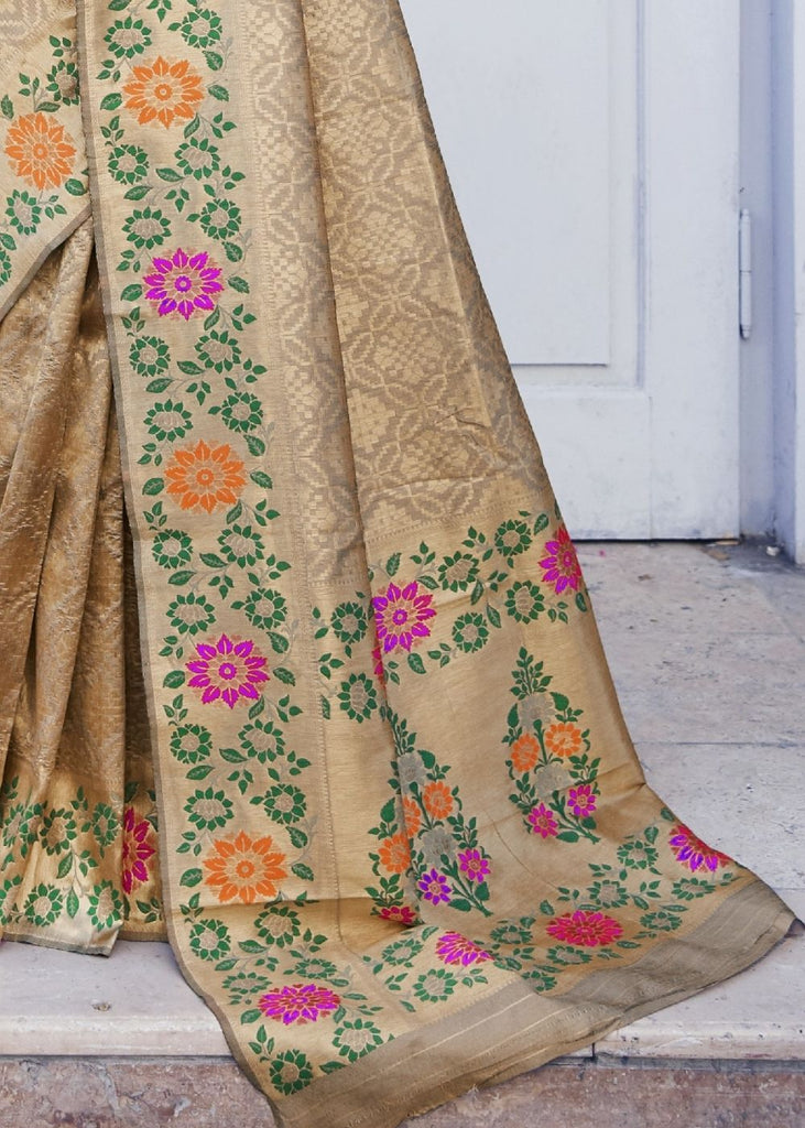 Cedar Brown and Golden Blend Silk Saree with Floral Woven Border and Pallu Clothsvilla