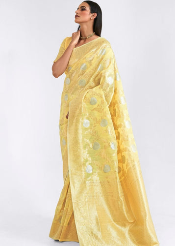 Pineapple Yellow Zari Woven Linen Silk Saree Clothsvilla