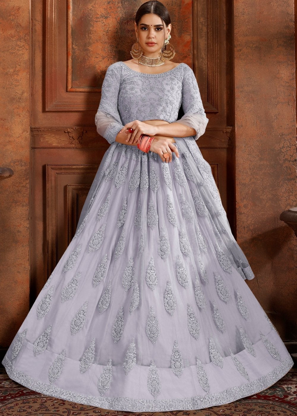 Silver Grey Soft Net Lehenga Choli with Thread, Zarkan & Pearl work Clothsvilla Main image
