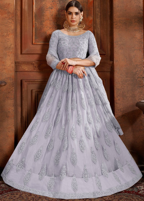 Silver Grey Soft Net Lehenga Choli with Thread, Zarkan & Pearl work Clothsvilla Main image