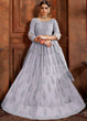 Load image into Gallery viewer, Silver Grey Soft Net Lehenga Choli with Thread, Zarkan &amp; Pearl work Clothsvilla