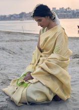 Load image into Gallery viewer, Saffron Yellow Linen Silk Saree with Zari Woven Butti overall Clothsvilla