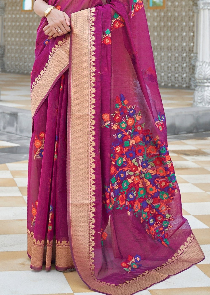 Magenta Purple Floral Embroidered Linen Silk Saree Clothsvilla