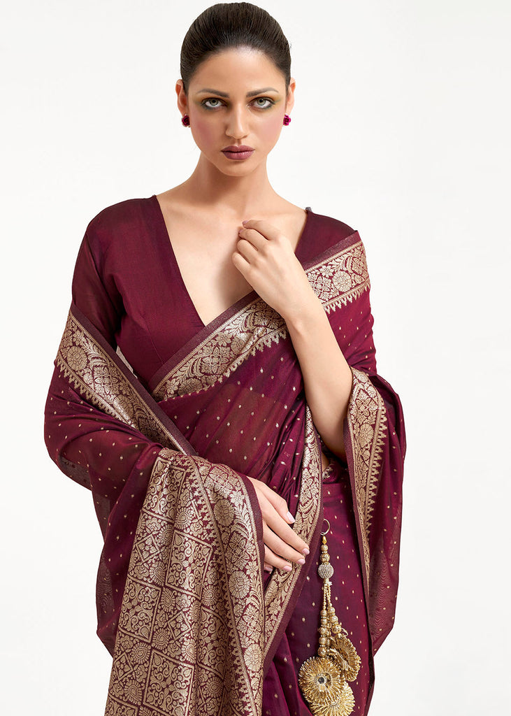 Mahagony Brown Woven Banarasi Silk Saree with overall Mukaish work Clothsvilla