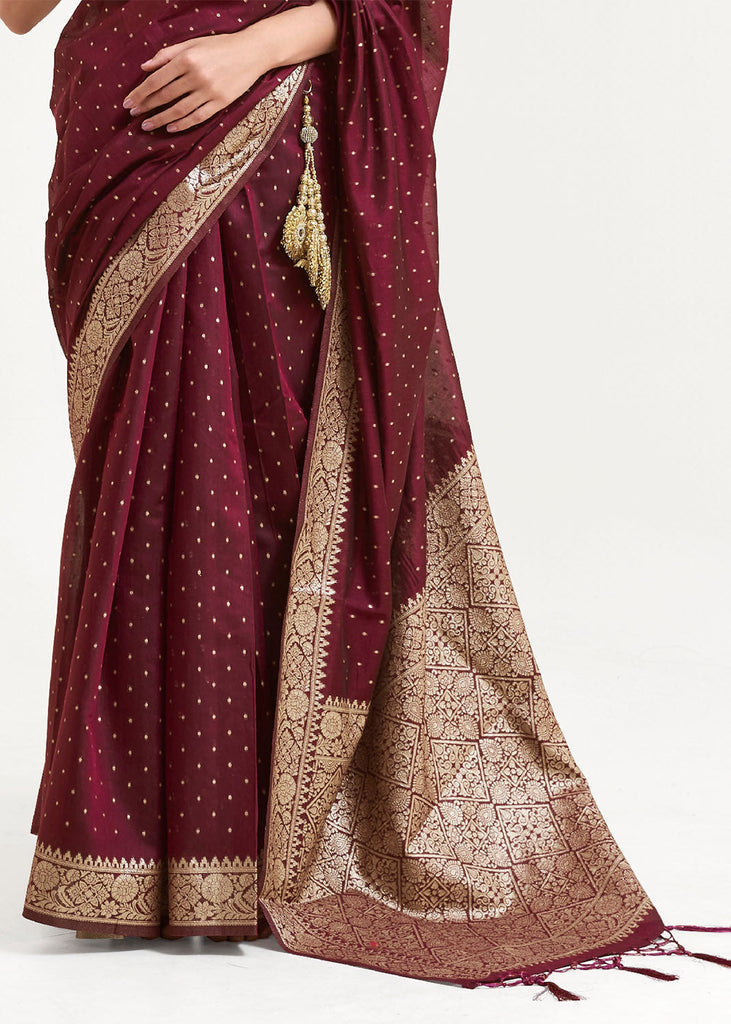 Mahagony Brown Woven Banarasi Silk Saree with overall Mukaish work Clothsvilla