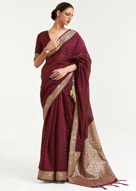 Mahagony Brown Woven Banarasi Silk Saree with overall Mukaish work Clothsvilla Main image