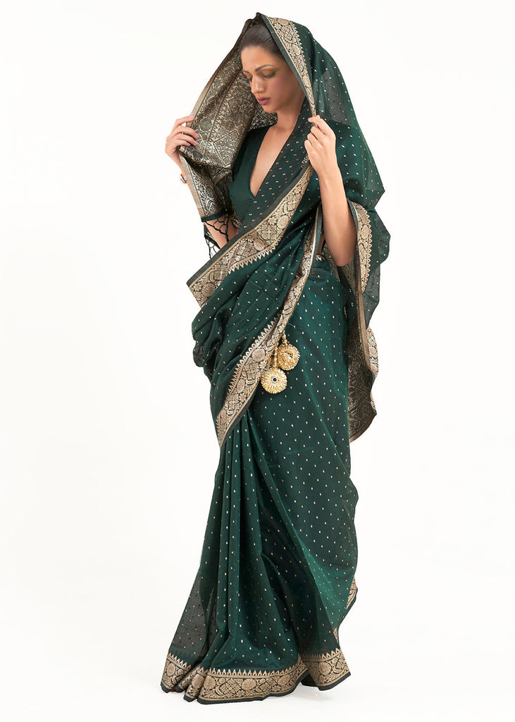 Castleton Green Woven Banarasi Silk Saree with overall Mukaish work Clothsvilla