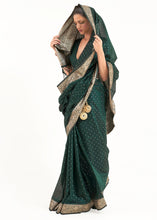 Load image into Gallery viewer, Castleton Green Woven Banarasi Silk Saree with overall Mukaish work Clothsvilla