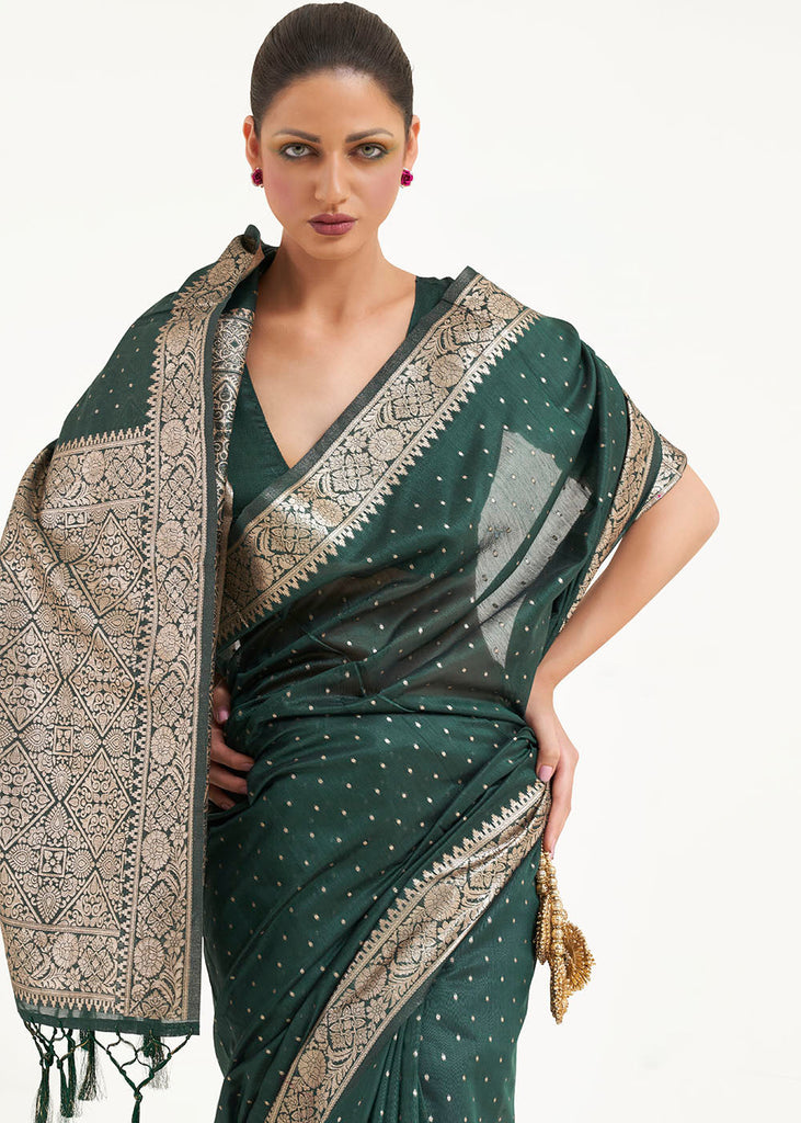 Castleton Green Woven Banarasi Silk Saree with overall Mukaish work Clothsvilla