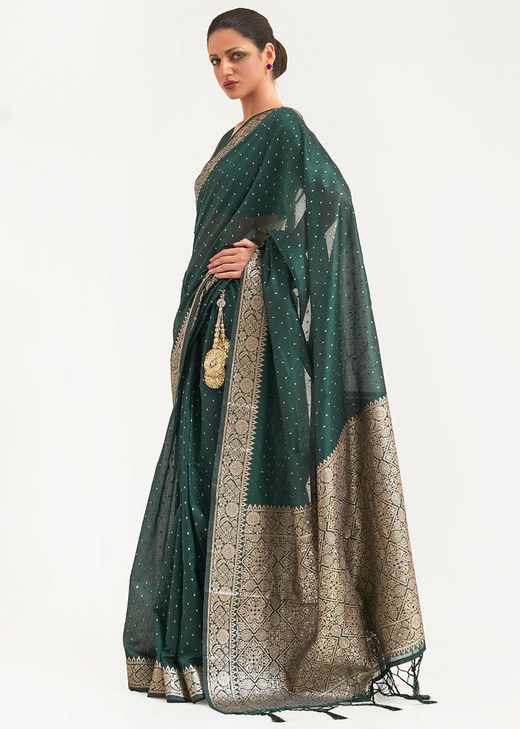 Castleton Green Woven Banarasi Silk Saree with overall Mukaish work Clothsvilla