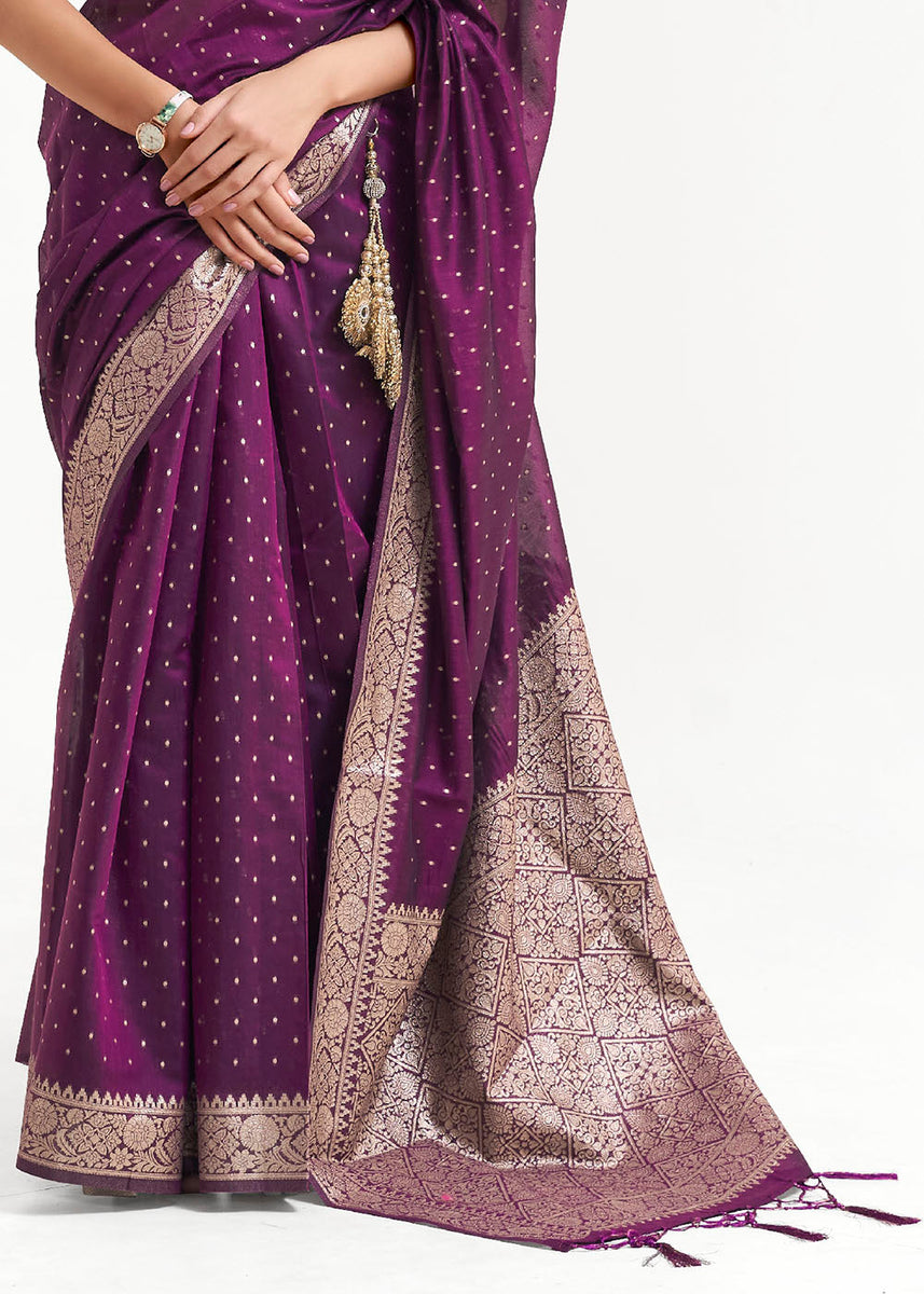 Eggplant Purple Woven Banarasi Silk Saree with overall Mukai