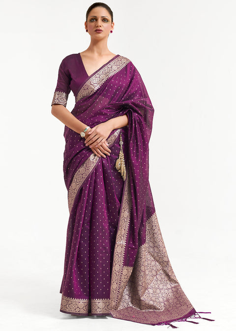 Eggplant Purple Woven Banarasi Silk Saree with overall Mukaish work Clothsvilla Main image
