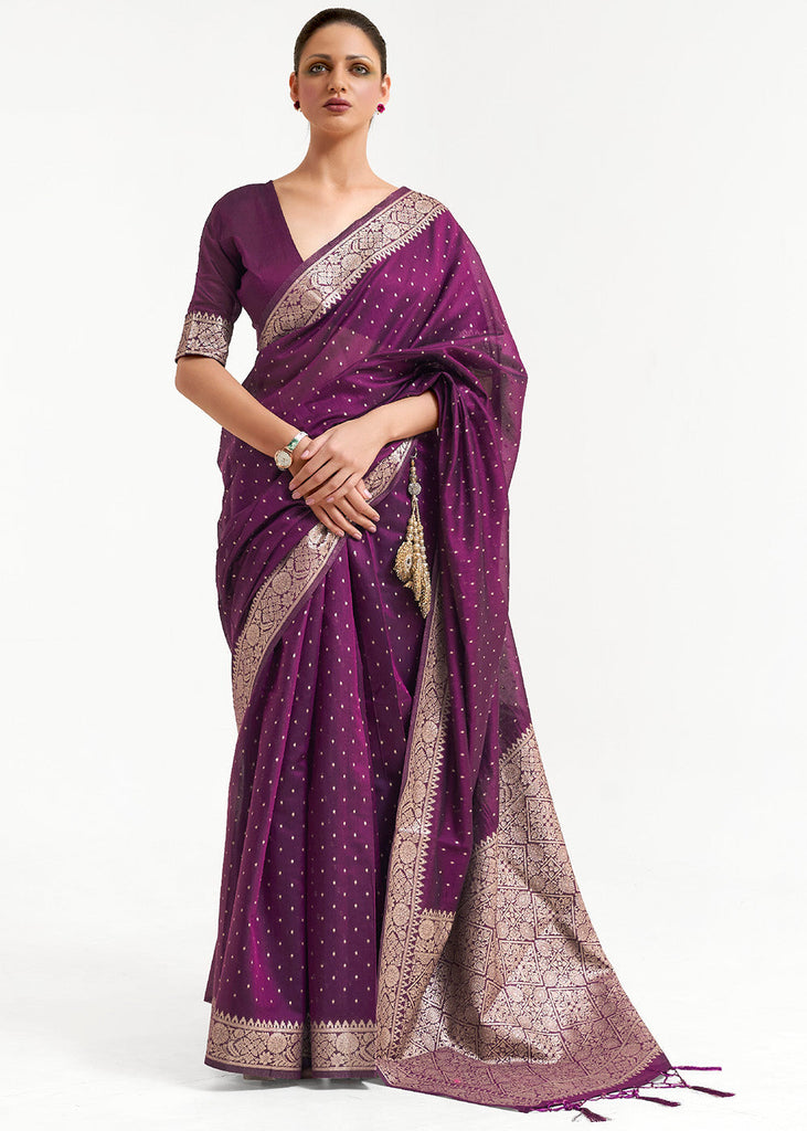 Eggplant Purple Woven Banarasi Silk Saree with overall Mukaish work Clothsvilla