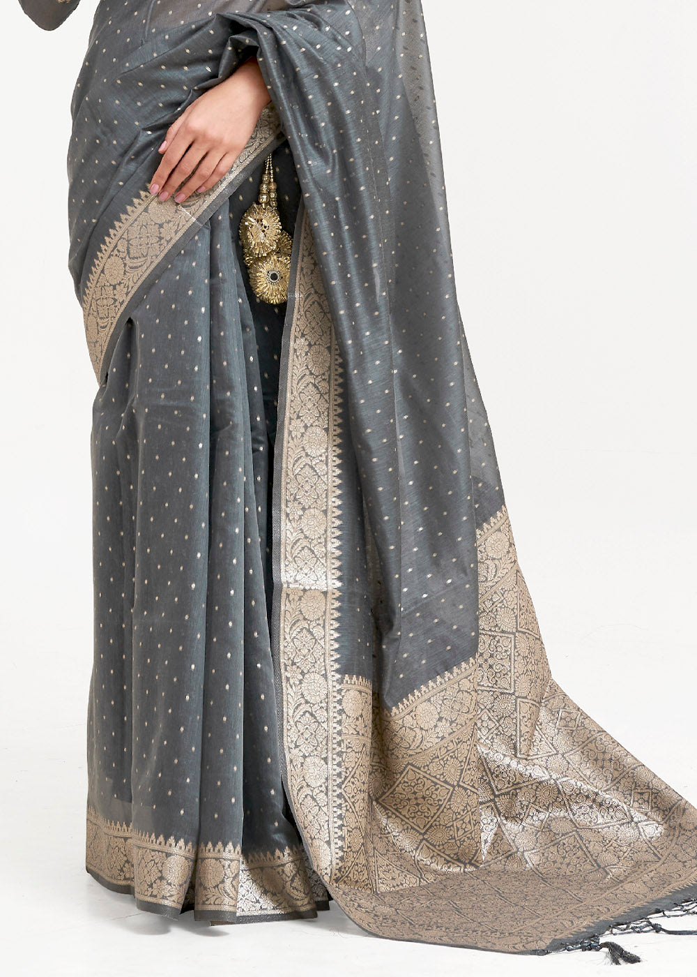 Steel Grey Woven Banarasi Silk Saree with overall Mukaish work Clothsvilla