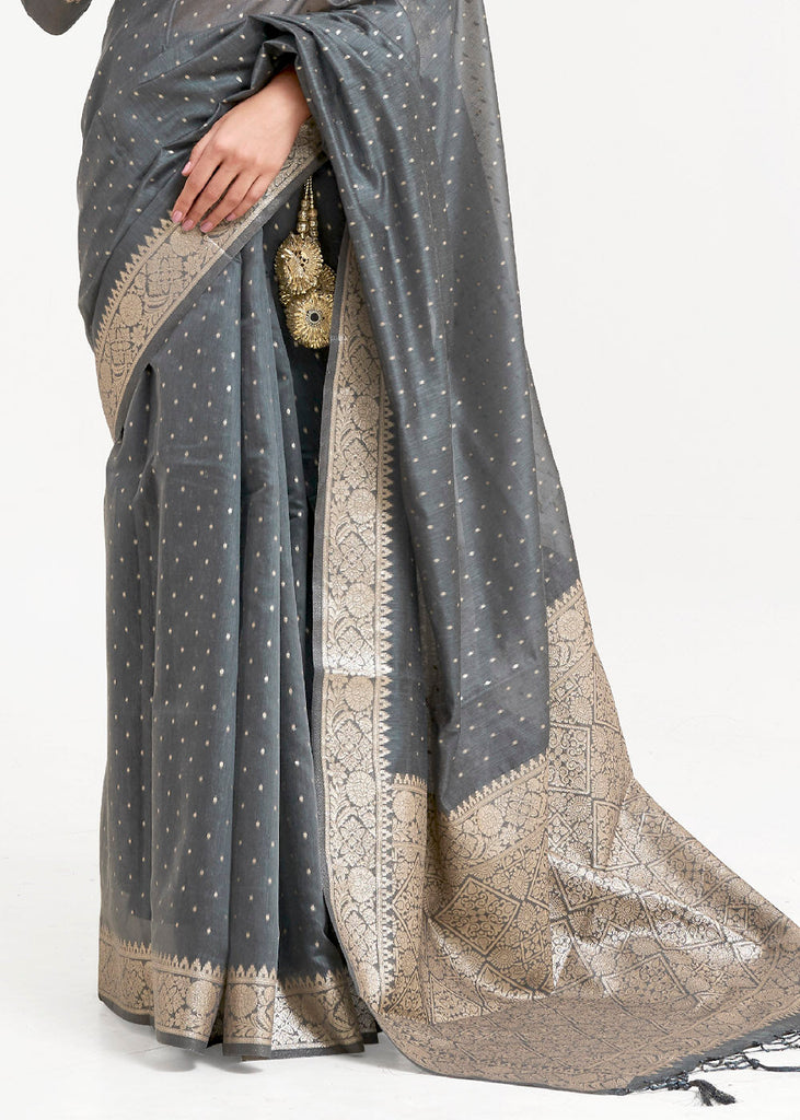 Steel Grey Woven Banarasi Silk Saree with overall Mukaish work Clothsvilla