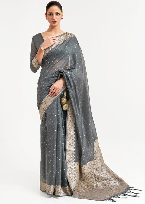 Steel Grey Woven Banarasi Silk Saree with overall Mukaish work Clothsvilla Main image