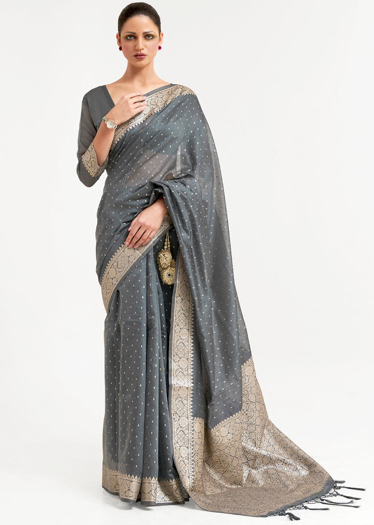 Steel Grey Woven Banarasi Silk Saree with overall Mukaish work Clothsvilla