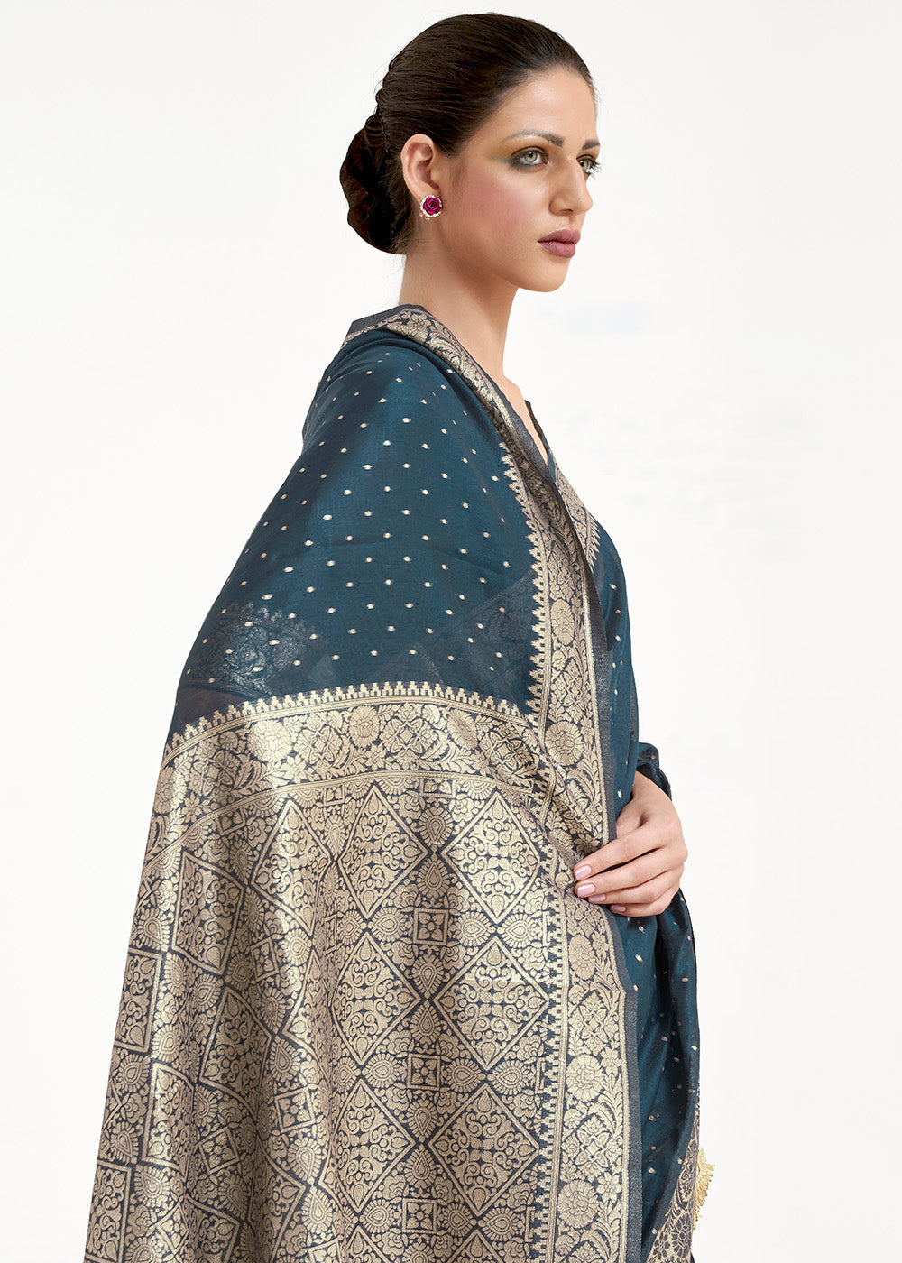 Prussian Blue Woven Banarasi Silk Saree with overall Mukaish work Clothsvilla