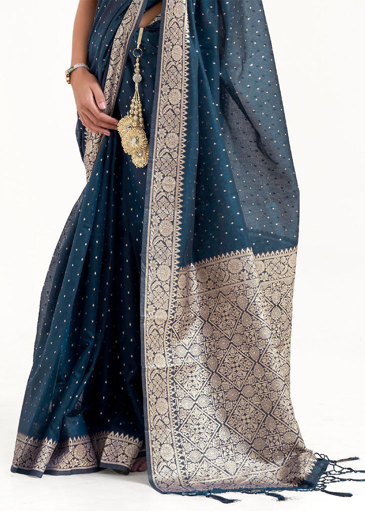 Prussian Blue Woven Banarasi Silk Saree with overall Mukaish work Clothsvilla