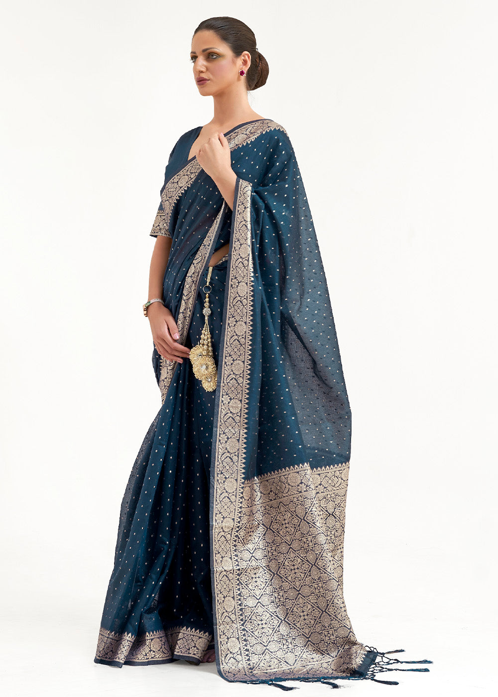 Prussian Blue Woven Banarasi Silk Saree with overall Mukaish work Clothsvilla