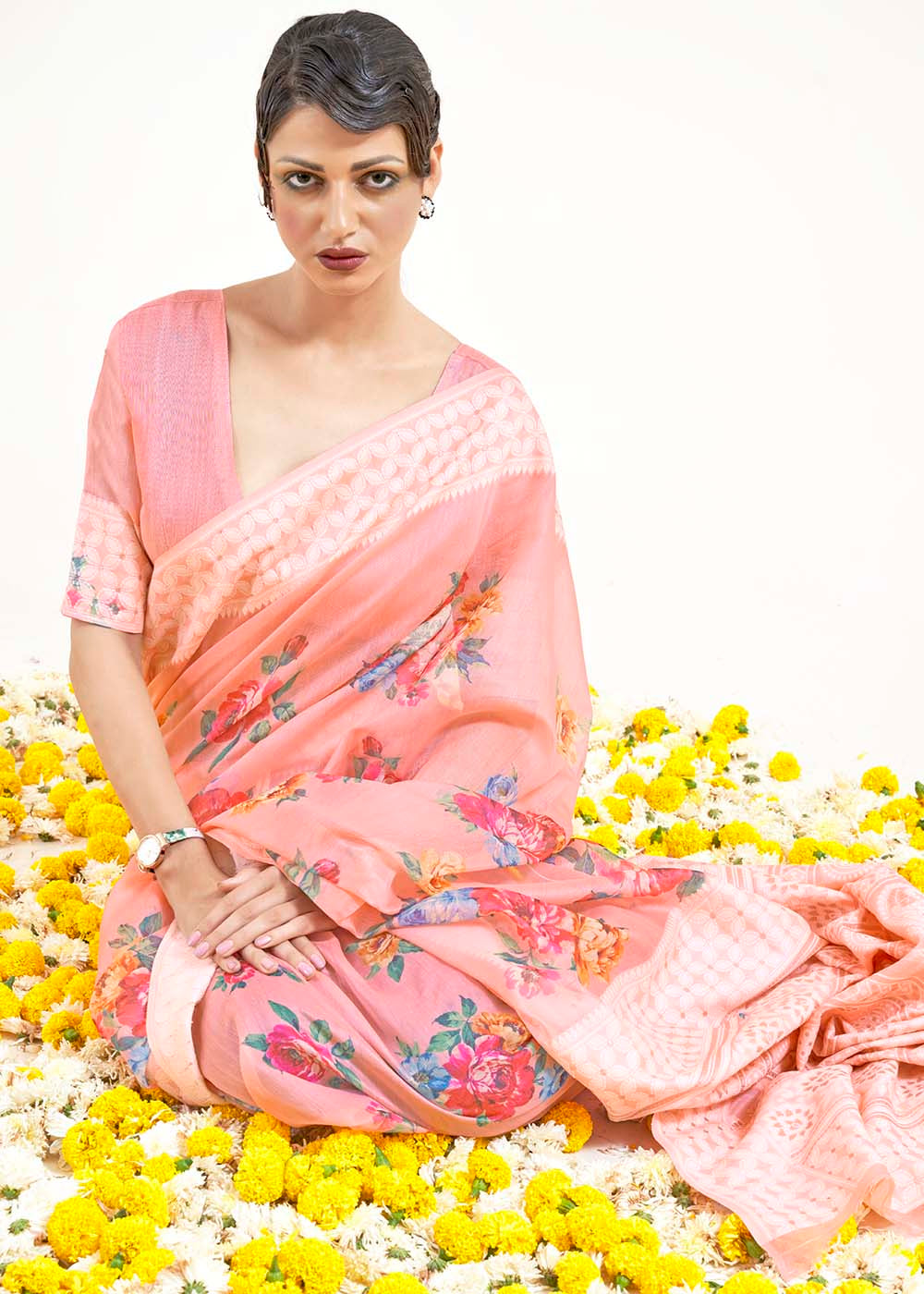 Salmon Pink Chikankari Silk Saree with Floral Digital Print Clothsvilla