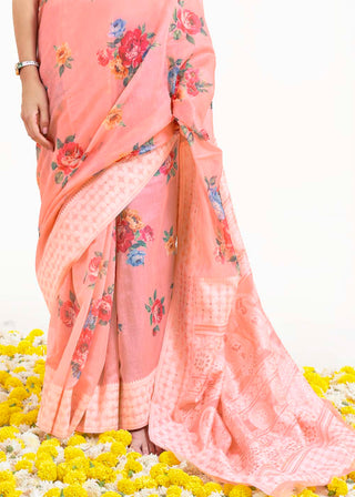 Salmon Pink Chikankari Silk Saree with Floral Digital Print Clothsvilla