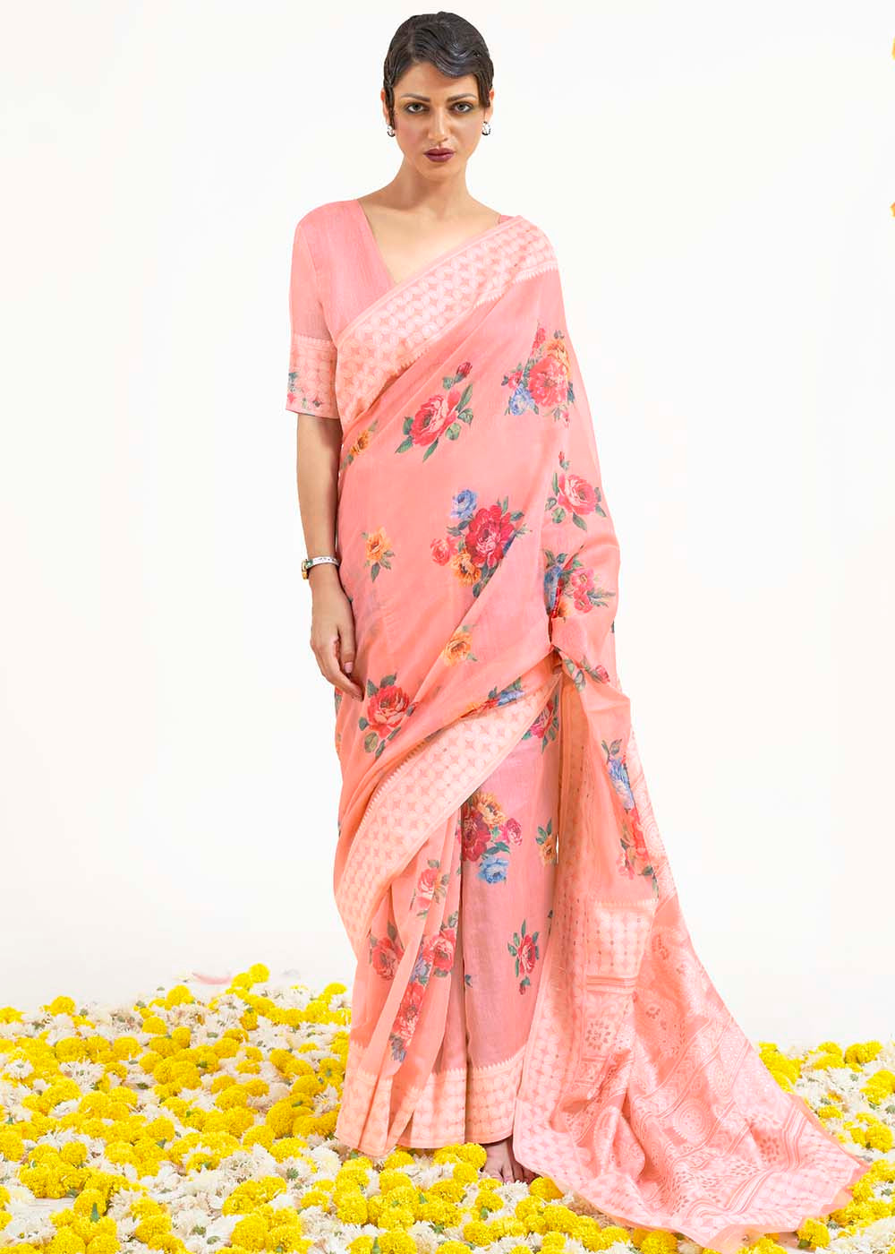 Salmon Pink Chikankari Silk Saree with Floral Digital Print Clothsvilla Main image