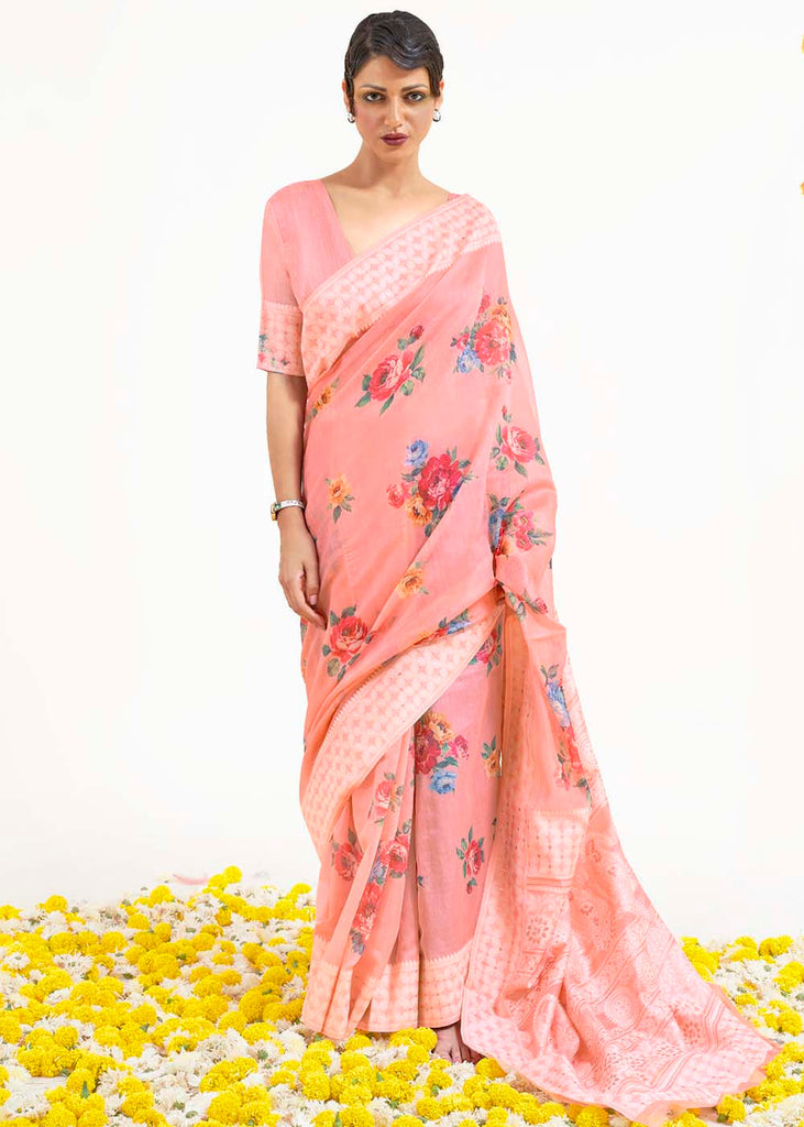 Salmon Pink Chikankari Silk Saree with Floral Digital Print Clothsvilla