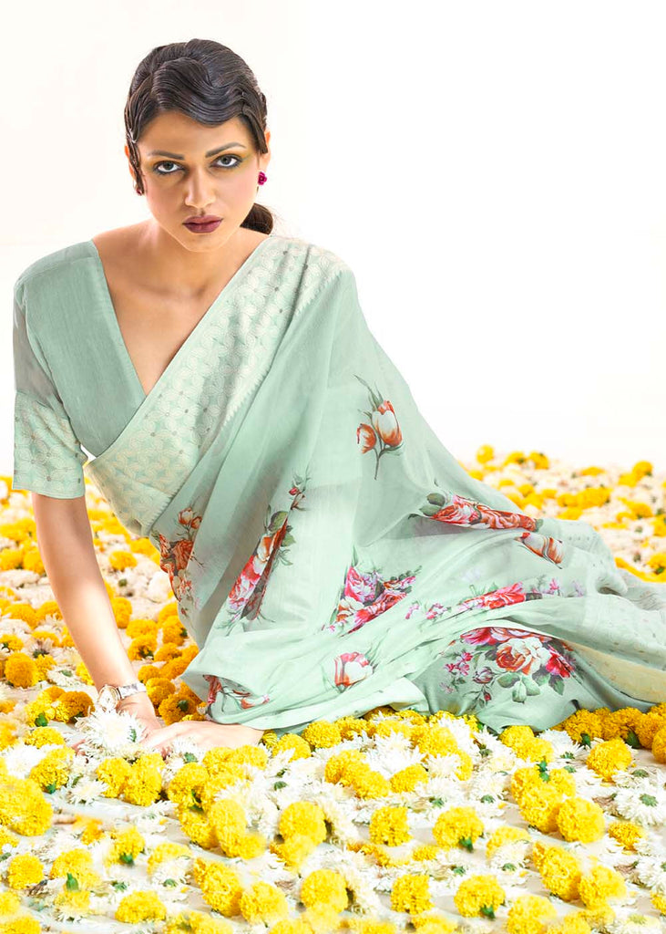 Tea Green Chikankari Silk Saree with Floral Digital Print Clothsvilla