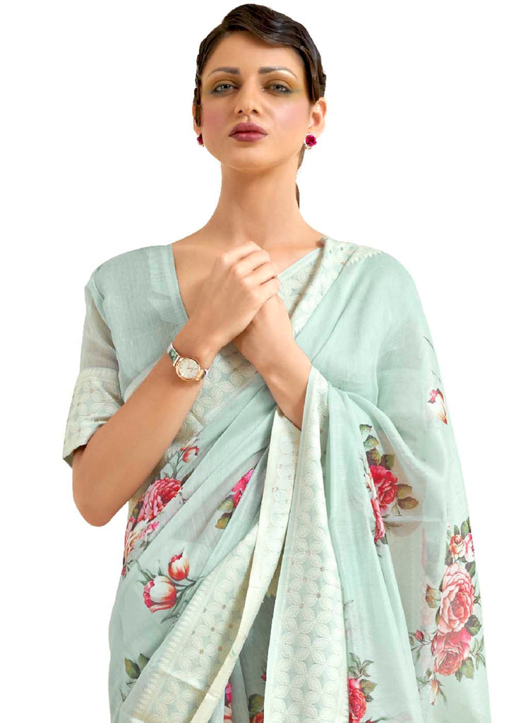 Tea Green Chikankari Silk Saree with Floral Digital Print Clothsvilla
