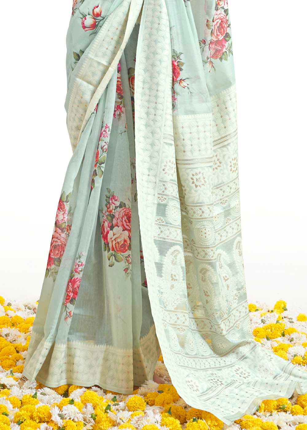 Tea Green Chikankari Silk Saree with Floral Digital Print Clothsvilla