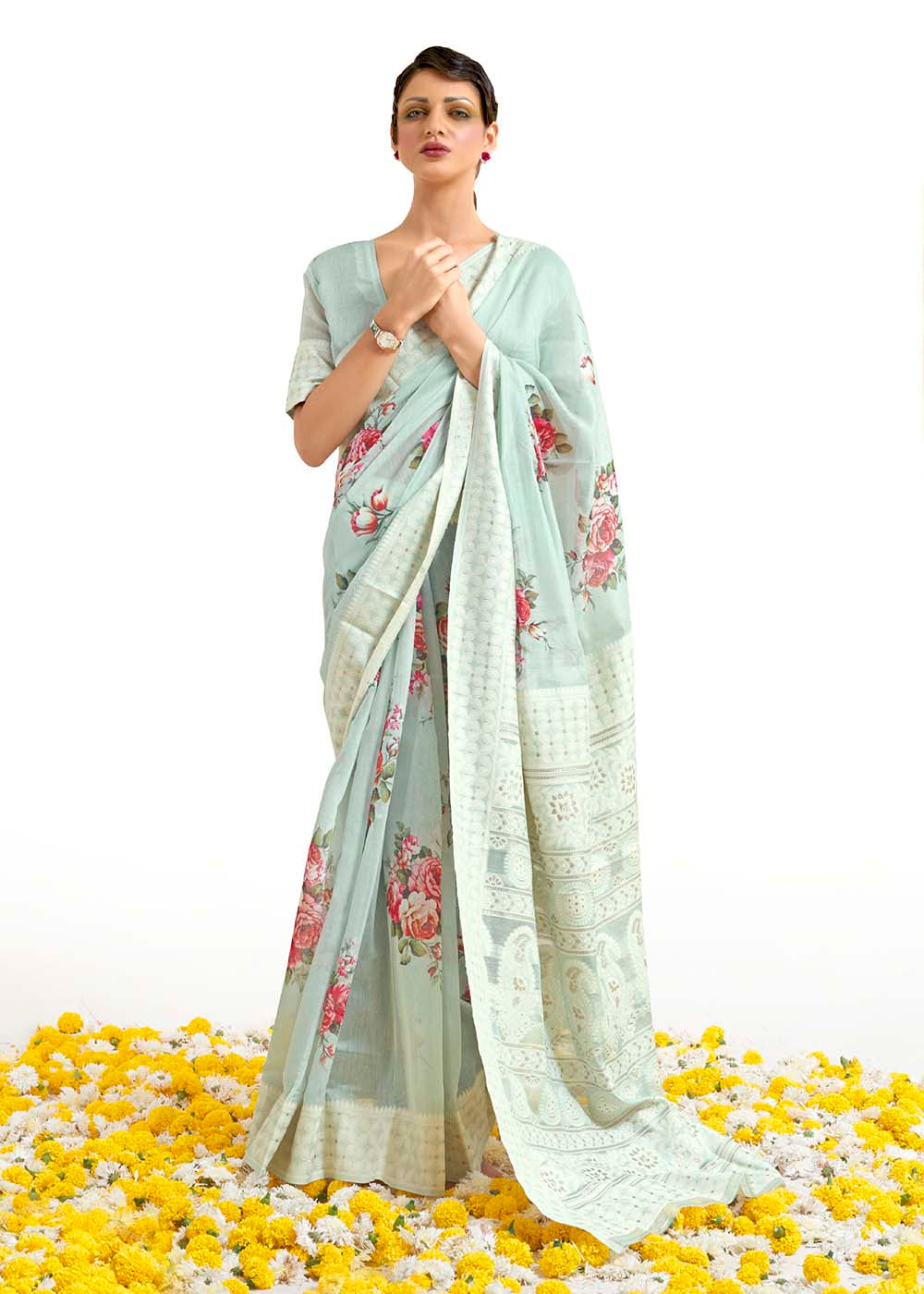 Tea Green Chikankari Silk Saree with Floral Digital Print Clothsvilla Main image