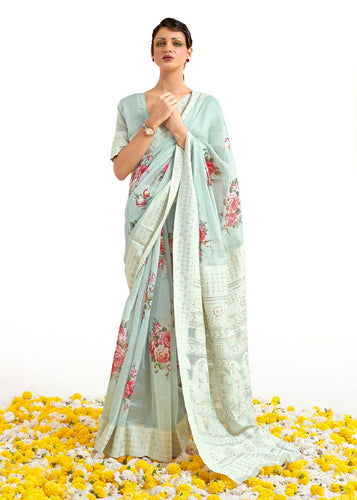 Tea Green Chikankari Silk Saree with Floral Digital Print Clothsvilla